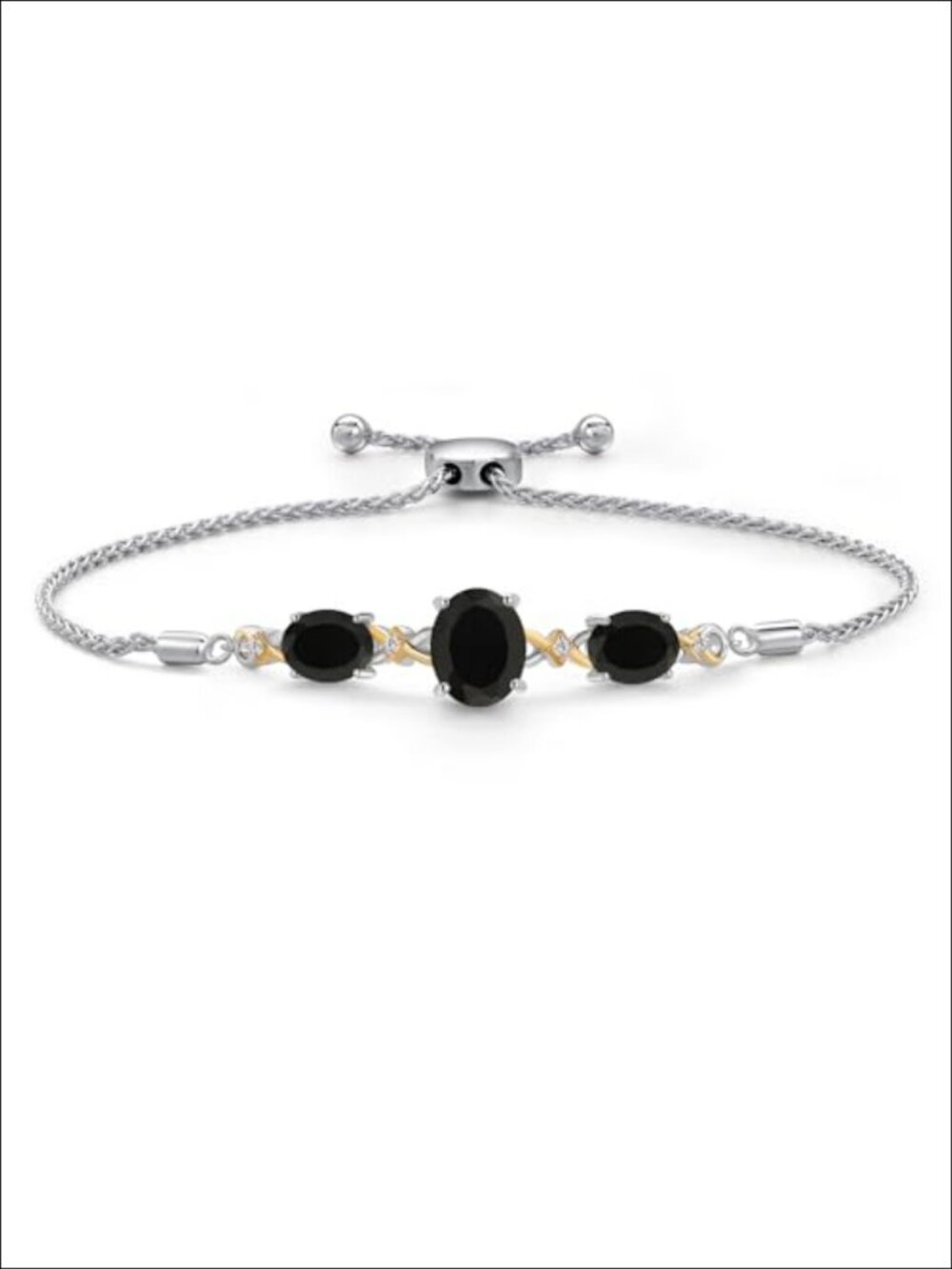 3-Stone Infinity Bracelet 925 Silver 10K Yellow Gold Oval Gemstone Adjustable